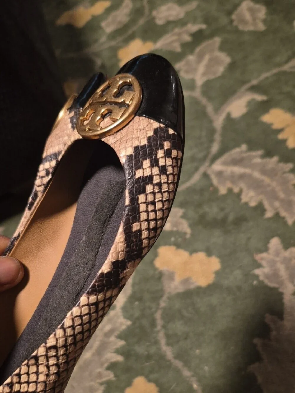 Tory Burch Snake-Print Ballet Flats with Black Patent Toe and Gold Logo